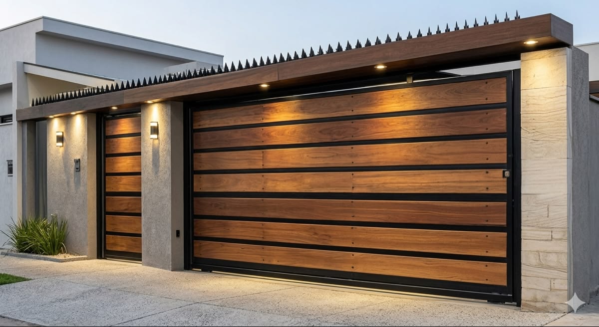 Imagen referencial de un portón de acceso con estructura metálica y paneles de madera